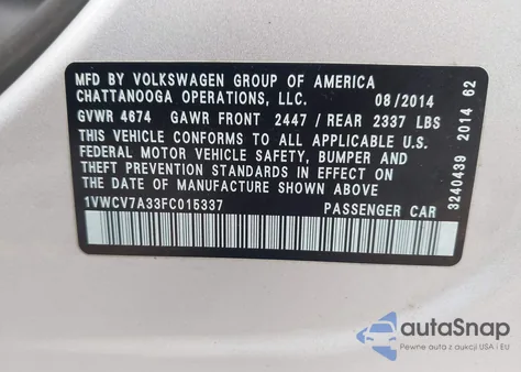 2015 Volkswagen Passat 2.0L Tdi Sel Premium z USA, uszkodzony, nr VIN 1VWCV7A33FC015337